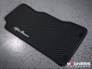 Alfa Romeo Giulia Floor Mats - Italian Leather - Front - Black w/ Red Stitching - White Script